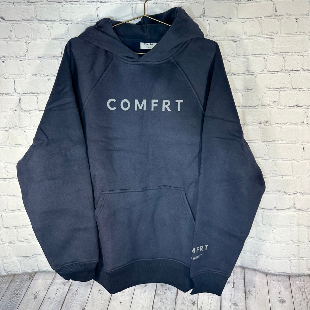 COMFRT Heavyweight Hoodie Mens Medium Navy Blue Logo Pullover Sweatshirt